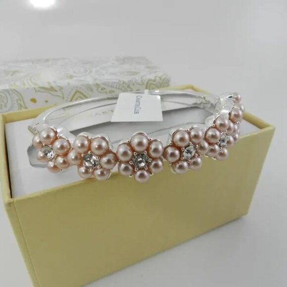 CHARTER CLUB Silver-Tone Crystal & Imitation Pearl Flower Bangle Bracelet - Picture 2 of 4